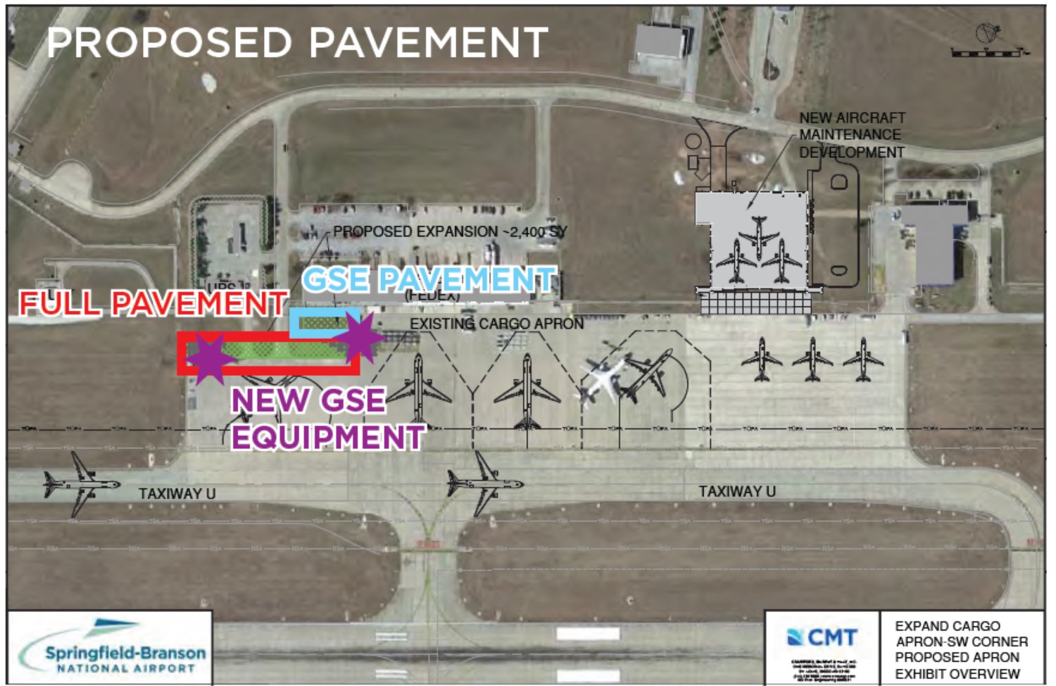 An aerial view shows the proposed expansion for the existing cargo apron and ground service equipment area. 